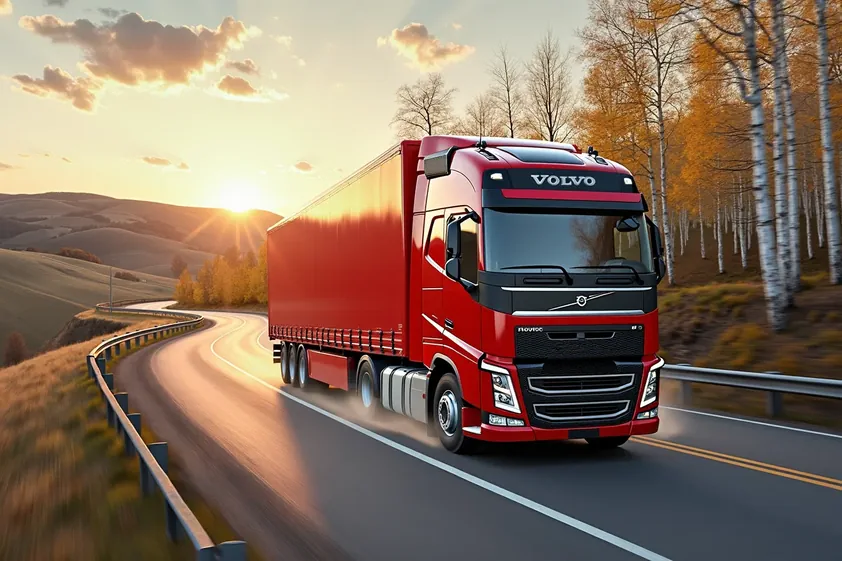 Красный тягач Volvo из Европы едет по дороге